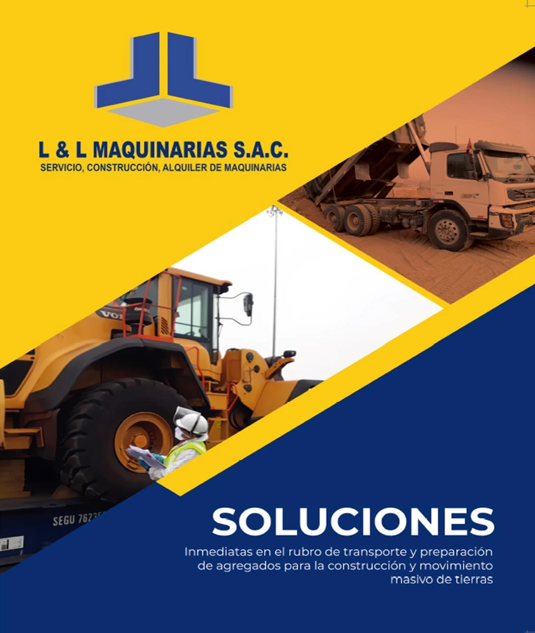 Brochure original de L & L Maquinarias, con cargador frontal y volquete